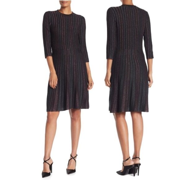 NEW Nanette Lepore M Metallic Stripe Knit Sweater Dress Fit & Flare Pleated - Picture 1 of 10